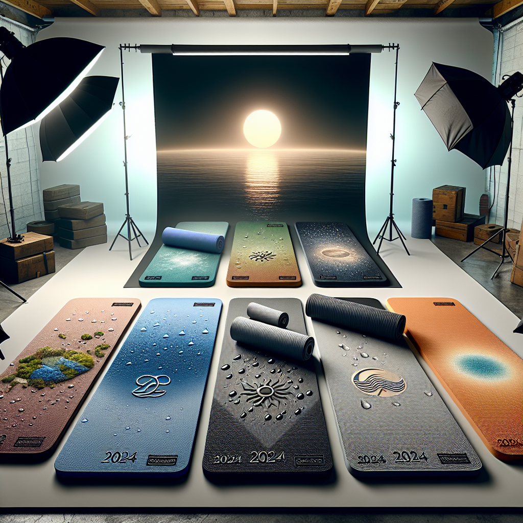 Variety of textured, colorful non-slip yoga mats displayed in a professional studio with artistic designs.