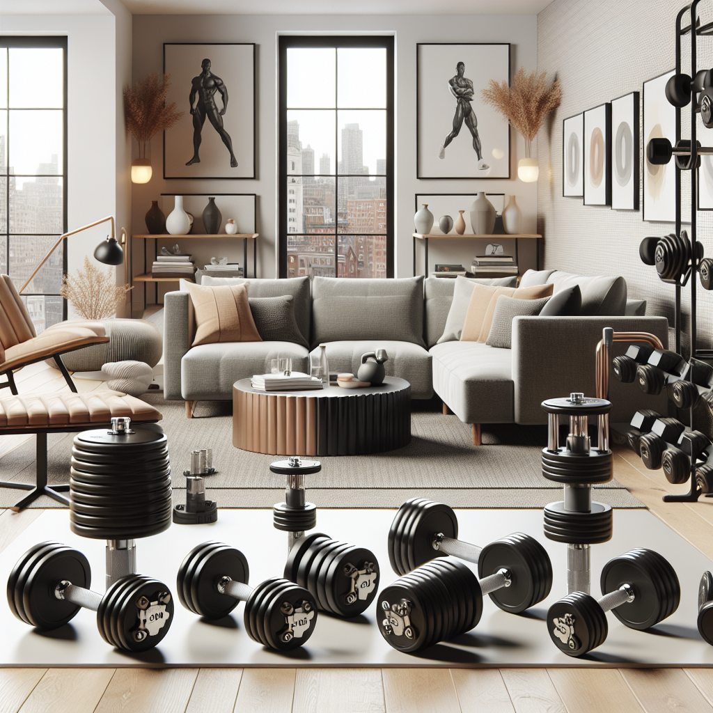 Modern living room with adjustable dumbbells, yoga mat, and large windows showing a city skyline.