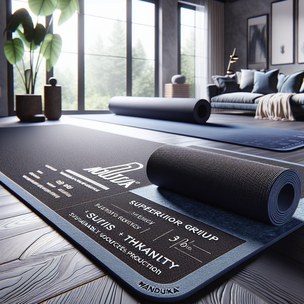Manduka non-slip yoga mats rolled out on a wooden floor in a bright modern living room with large windows.