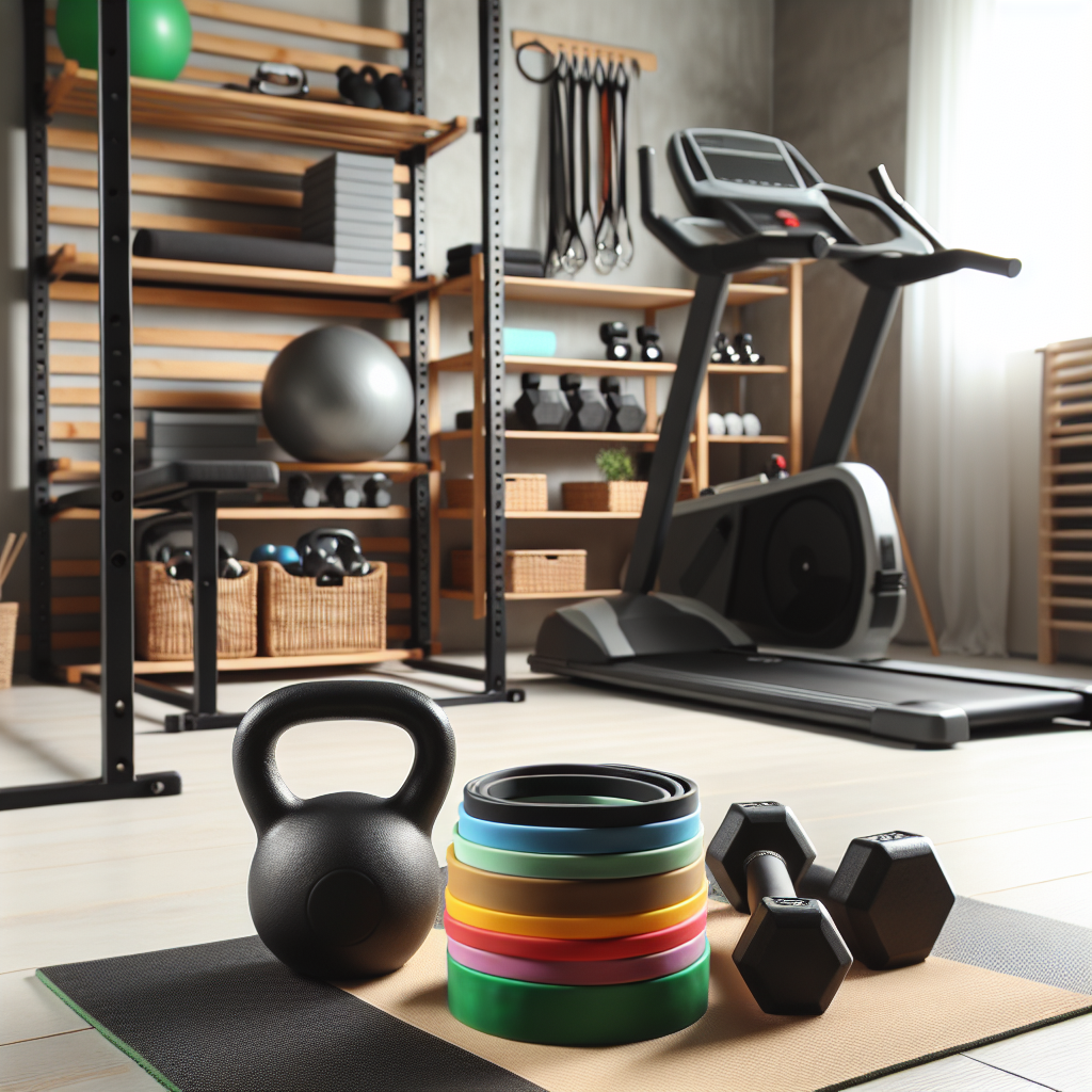 Home gym with treadmill, kettlebell, dumbbells, resistance bands, and other fitness equipment neatly arranged.