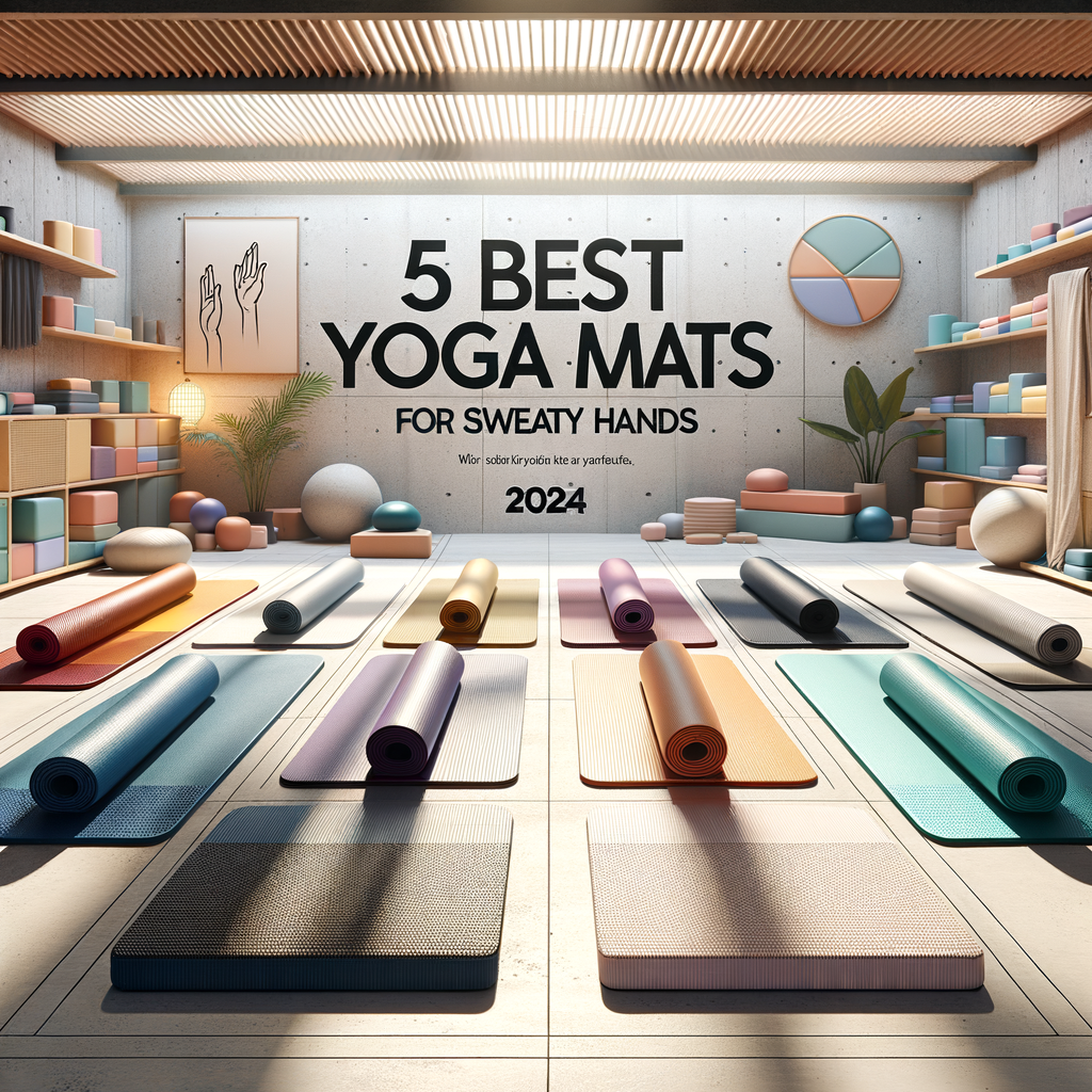 Five colorful non-slip yoga mats displayed in a bright, modern yoga studio with natural light.