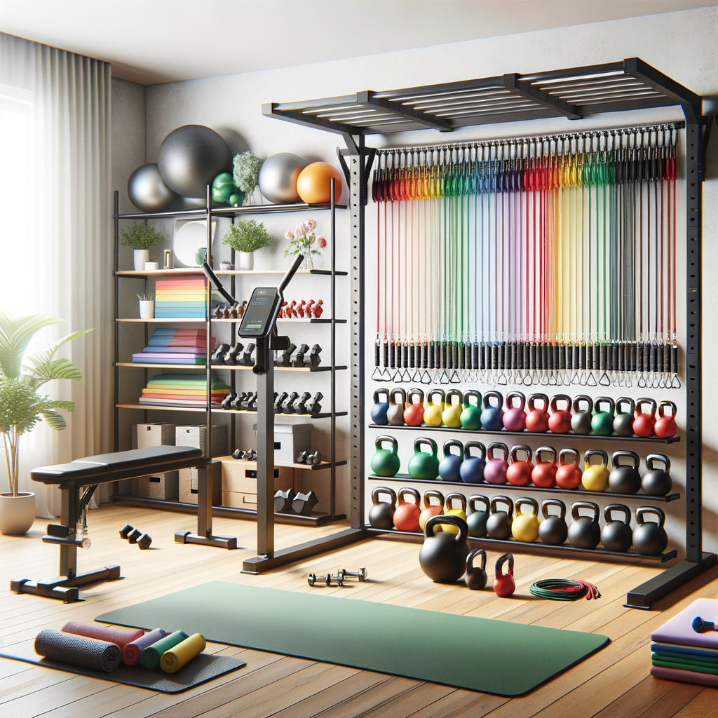 Bright home gym with colorful kettlebells, resistance bands, and organized workout equipment.
